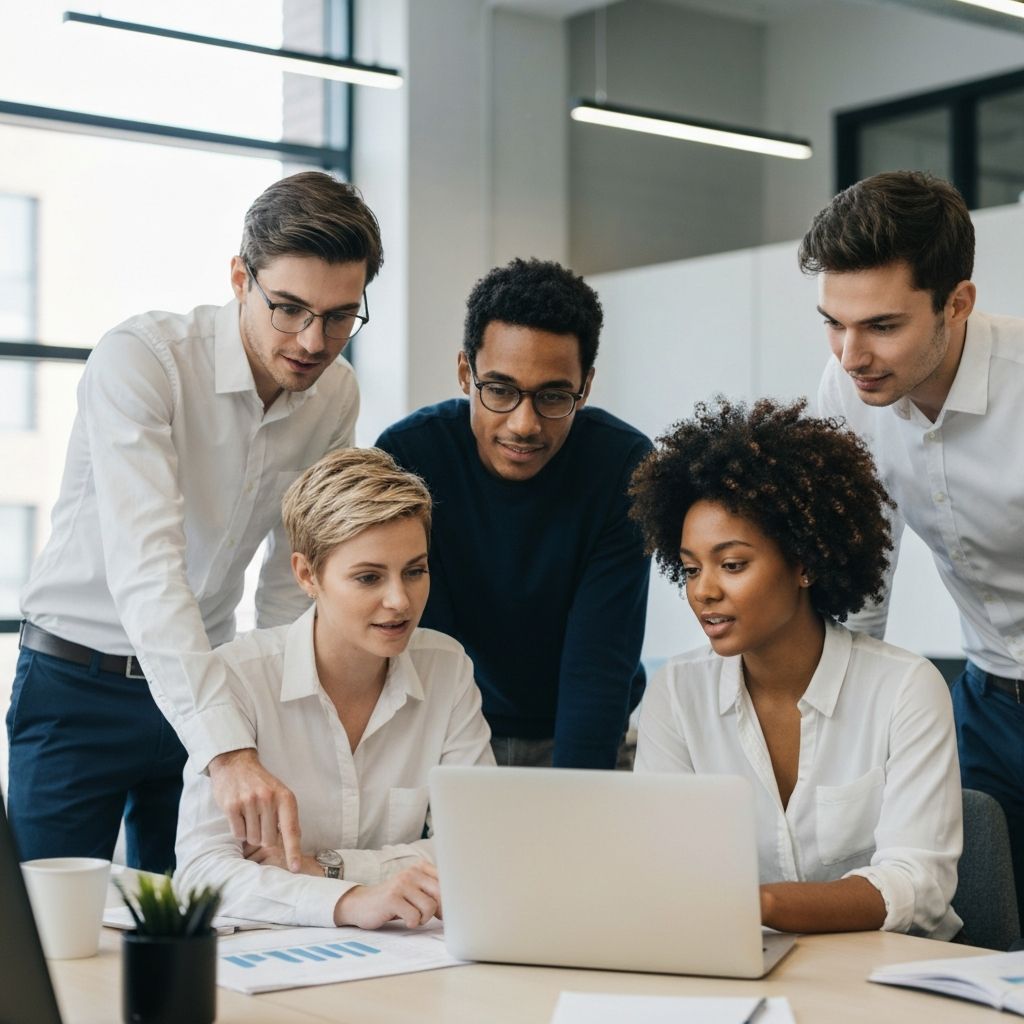 Diverse team collaborating around a laptop