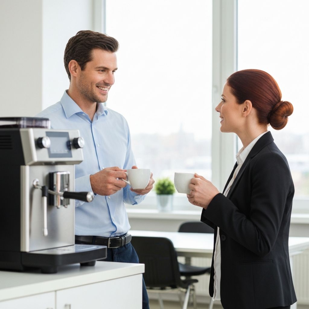 Two professionals having coffee in a modern office