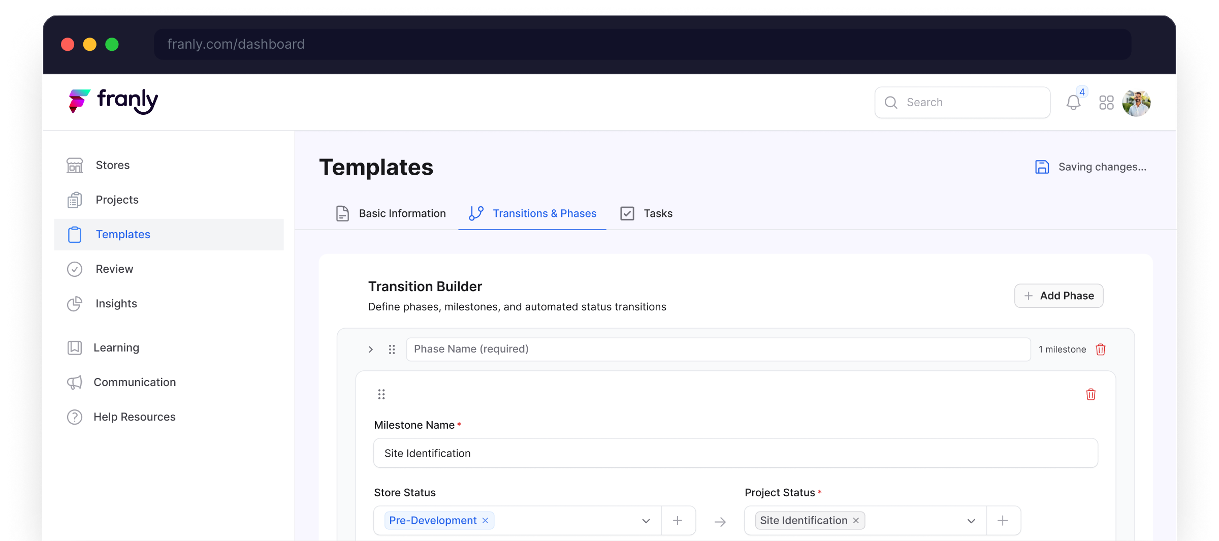 Franly Templates Dashboard showing Transition Builder