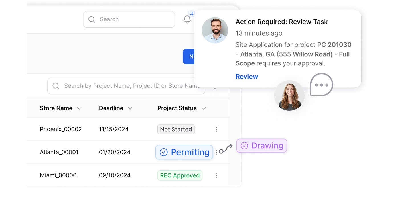 Project list with notifications and status badges