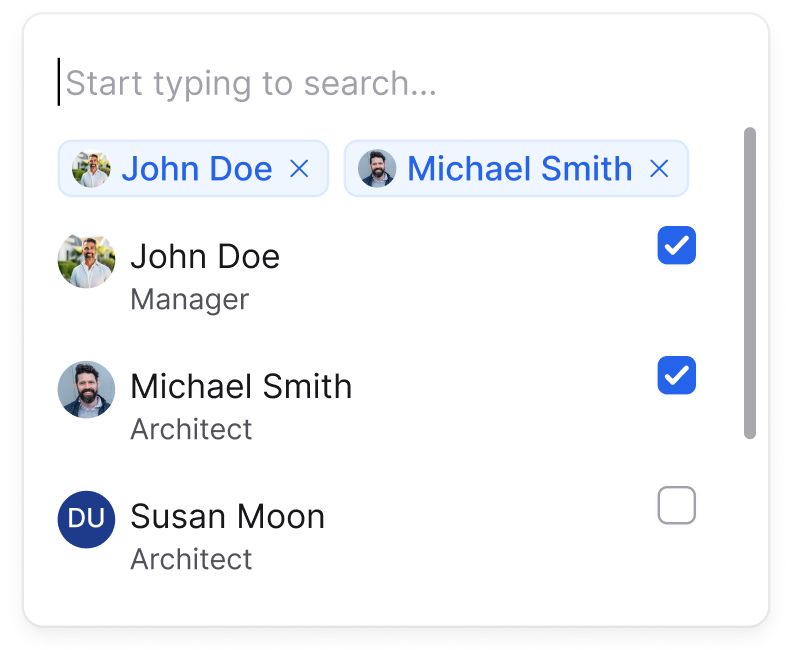 People selector with John Doe, Michael Smith, Susan Moon